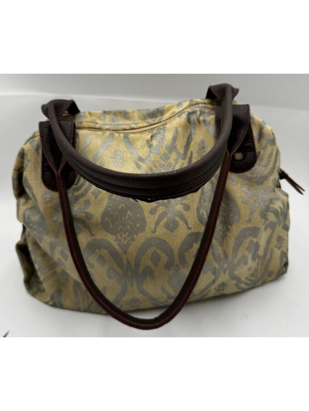 Stella & Dot Womens Handbag Beige Gray Ikat Print Pockets Double Handle Tote Bag